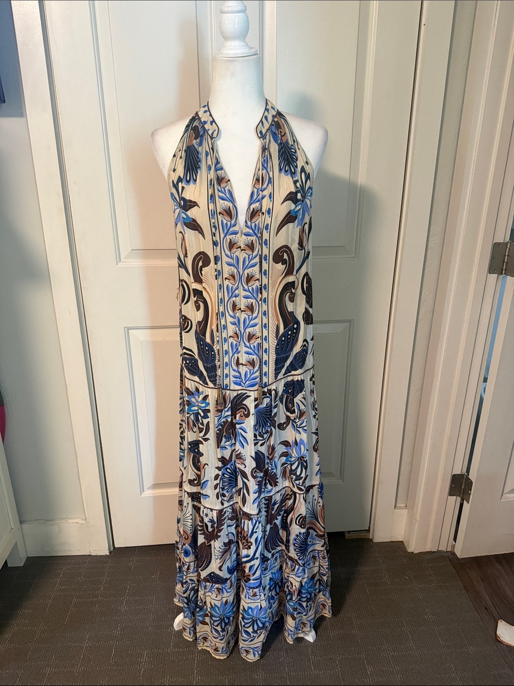 FARM Rio Cream Maxi Dress with Blue and Brown Floral Print
